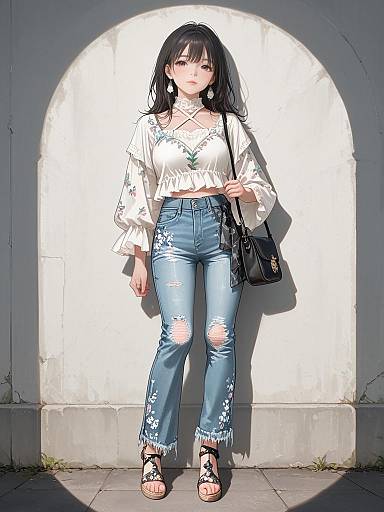 Bohemian Girl in Floral and Denim Style