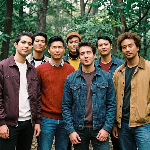 Photograph of seven men standing in a forest, wearing casual clothes like sweaters, jackets, and jeans, with green foliage in the background.