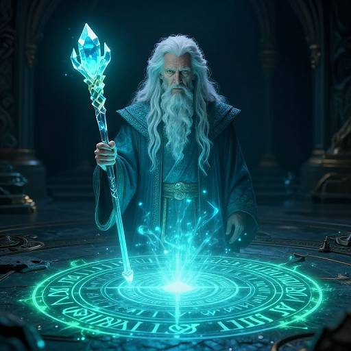 Photorealistic CGI of an ancient, white-bearded wizard with long, flowing hair, holding a glowing crystal staff over a magical, blue lumines