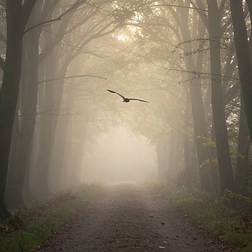 Photograph of a misty forest path with tall trees on both sides, leading to a bright, foggy background; a lone bird with outst