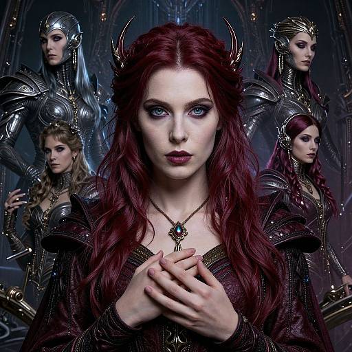 Fantasy photograph of a pale-skinned, red-haired woman with horns, wearing dark armor, standing center with four armored women in the background, glowing