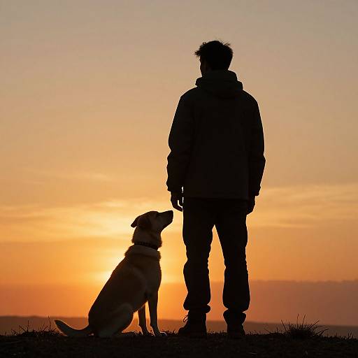 Silhouetted man and dog against a vibrant sunset, with the dog sitting and looking up at the man. Golden-orange sky.