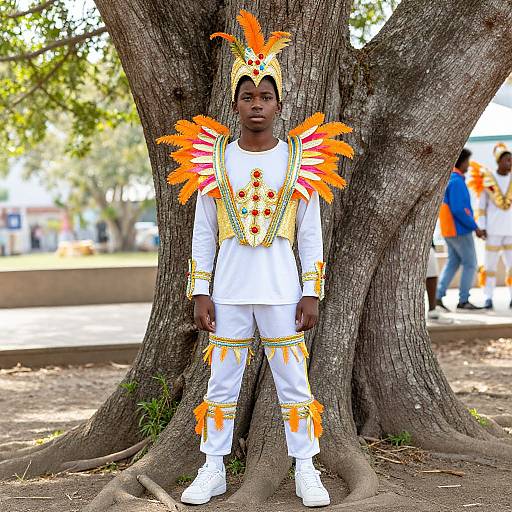 Photograph of a young Black man in white traditional African attire with vibrant orange and yellow feathers, standing against a large tree in a sunny park.