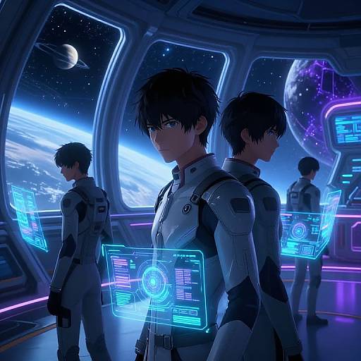 Digital anime-style illustration of four male astronauts in futuristic white suits, standing in a spaceship with glowing blue holographic screens and a starry outer space view