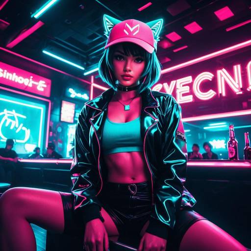 Stylized Anime Catgirl in Neon Nightclub