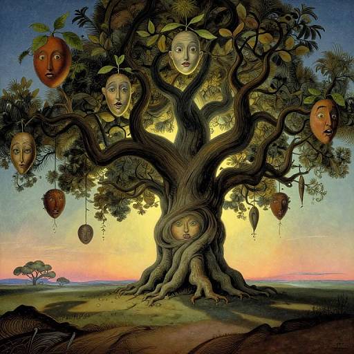 Fantastical painting of a tree with human-like faces in its leaves and trunk, hanging masks, against a sunset sky. Surreal, detailed art