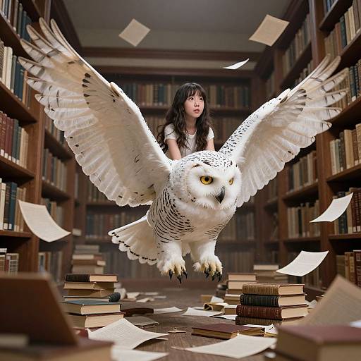 Photograph-style CGI of a young Asian woman with long black hair riding a large white owl through a library, surrounded by flying papers and scattered books.