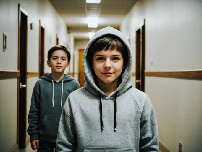 Two Boys Wearing Hoodies in Hallway