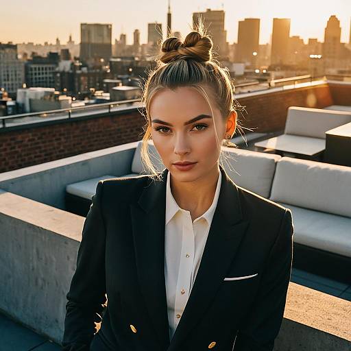 Fashion Model with Top Knot Hairstyle on Rooftop