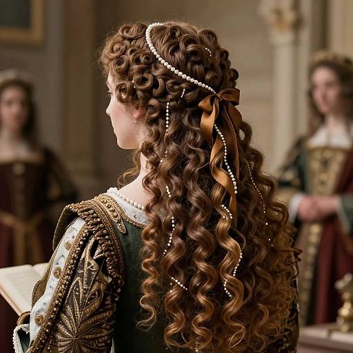 Photograph of a woman with intricate, curly brown hair adorned with pearls and a ribbon, wearing an ornate Renaissance dress, standing in a dimly