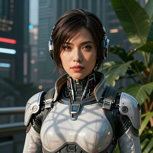 CGI image of a young Asian woman with short black hair, wearing futuristic silver armor and headphones, standing in a neon-lit city with tall buildings