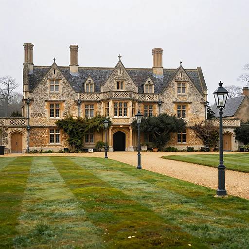 European Manor House in Misty Morning