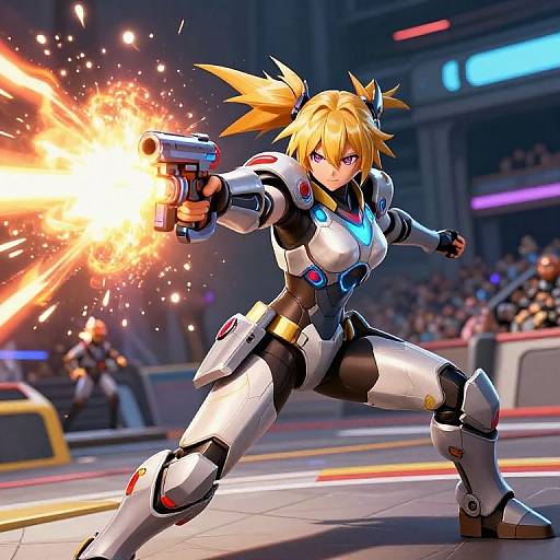 Digital art of a blonde, blue-eyed, anime-style female warrior in white and black armor, firing a glowing gun, in a futuristic stadium.