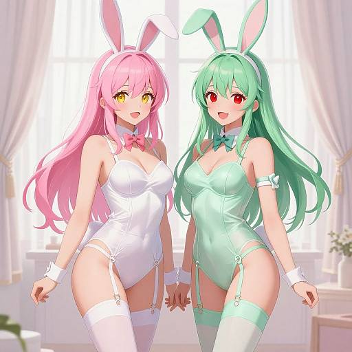 Digital anime artwork of two girls in white and green bunny suits, holding hands, with pink and green hair, red and yellow eyes, in a bright