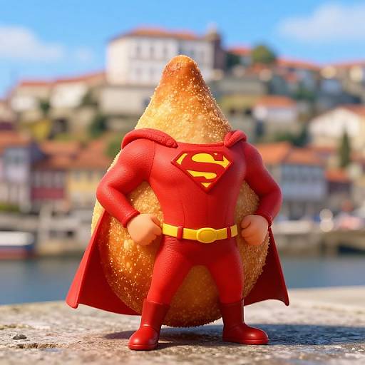 CGI image of a superhero-shaped, sesame seed-covered loaf of bread standing confidently on a waterfront, with blurred, sunlit buildings in the background.