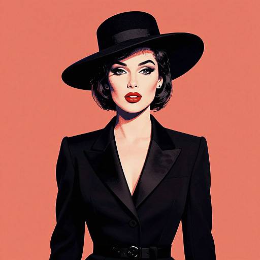 Digital illustration of a stylish woman with short black hair, wearing a black wide-brimmed hat and blazer, against a vivid pink background. Bright