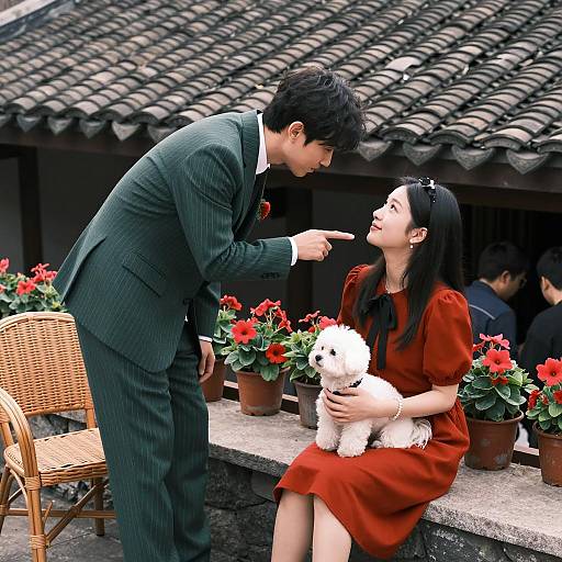 Man and Woman with Dog by Flower Pots