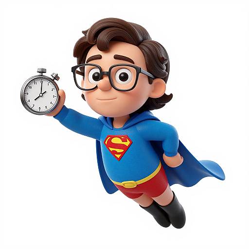 Cartoon-style Superman with glasses, blue cape, red shorts, and black boots holds a stopwatch, looking up confidently against a white background.