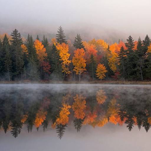 Photograph of a serene forest reflection in a calm lake, showcasing vibrant autumn colors (orange, red, yellow) among evergreen trees, with mist