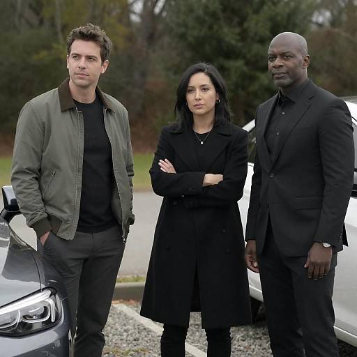 Three People Standing by Parked Cars