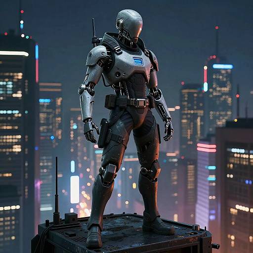 CGI image of a futuristic, armored robot standing on a rooftop, facing a neon-lit, cyberpunk city skyline at night.