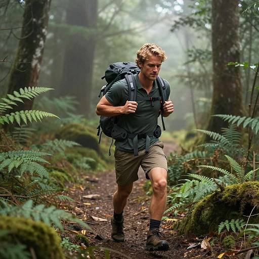 Dark Blonde Adventurer Hiking Misty Forest