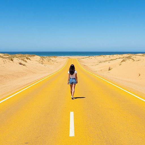 Photograph of a lone woman with long black hair, wearing a white top and denim shorts, walking down an empty, bright yellow, sandy beach road