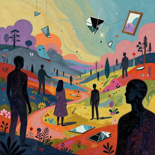 Vibrant, surreal digital art: silhouetted figures stand in colorful, abstract landscape with floating rectangles, a hanging picture, and vivid flowers