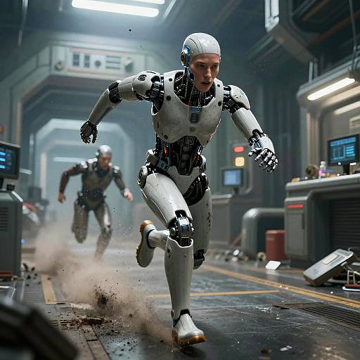Photorealistic CGI of two white and black robotic soldiers sprinting down a futuristic, industrial corridor with glowing lights and scattered debris.