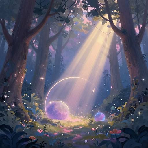 Magical forest scene with sunlight beams, glowing spheres, and sparkling stars amidst tall trees and colorful, enchanted flora. Digital art.