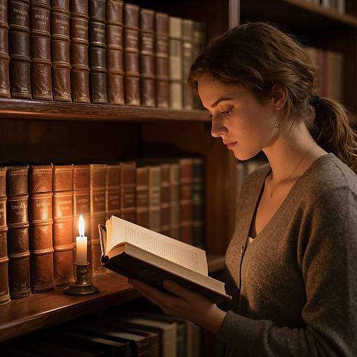 Photograph of a focused woman with brown hair in a ponytail, reading a book by candlelight in a dimly lit, wooden bookshelf library