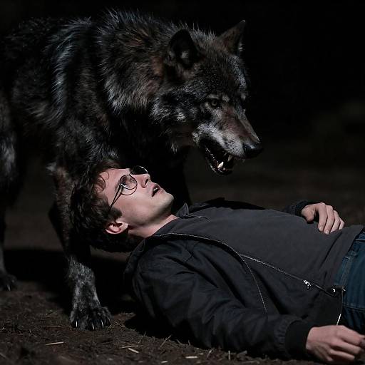 Man pinned by snarling werewolf in dark scene
