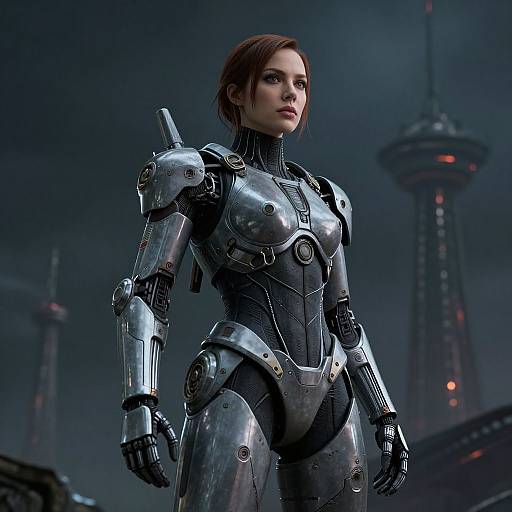 CGI image of a strong, fair-skinned woman with short brown hair in a futuristic, silver metallic armor suit, standing confidently in a dark,