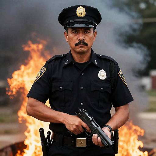 Serious Police Officer in Fire Scene