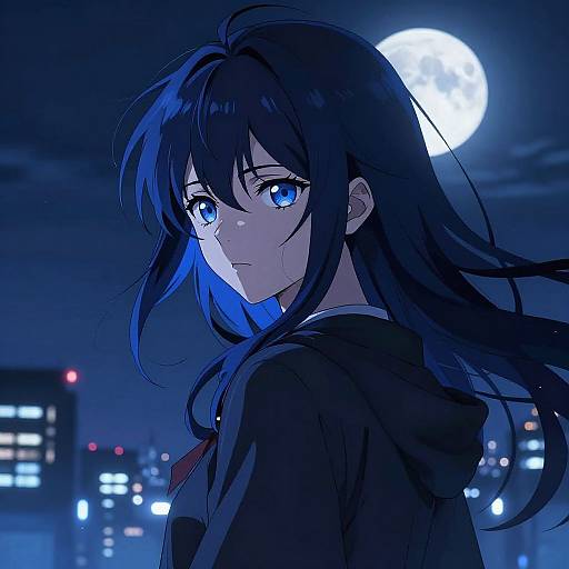 Anime-style digital drawing of a blue-eyed girl with long black hair, wearing a dark hoodie, under a full moon night sky with city lights in the