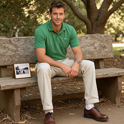 Photograph of a handsome, muscular man with short dark hair, green polo, beige pants, and brown shoes, sitting on a wooden bench in a