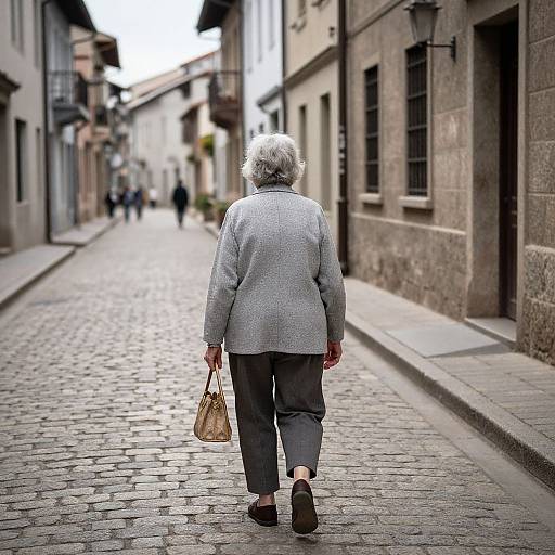 Photograph of an elderly woman with short gray hair, wearing a gray jacket and black pants, walking down a cobblestone street, holding a woven