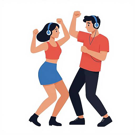 Digital illustration of a fit couple dancing energetically, wearing headphones, red shirts, blue skirt, black pants, and black shoes, against a white