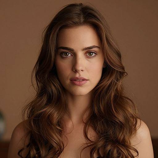 Photograph of a young woman with long, wavy brown hair, fair skin, and green eyes, set against a brown, softly lit background.
