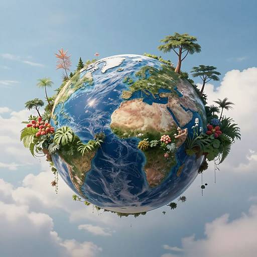 Photograph of a vividly detailed, spherical Earth suspended in a blue sky with scattered clouds, adorned with lush greenery, palm trees, and colorful