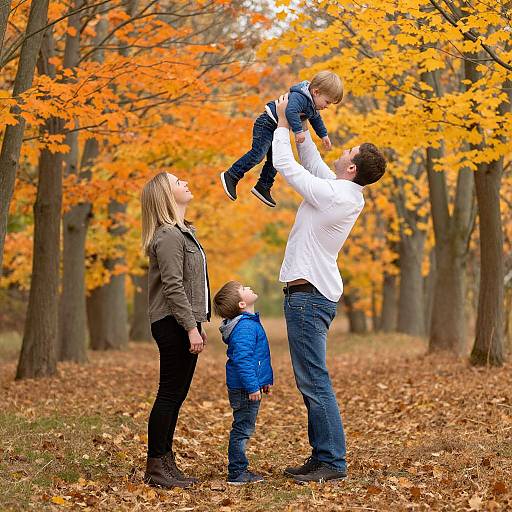 Photograph of a family in an autumn forest: father in white shirt holding son, mother in brown jacket, younger son in blue coat, orange leaves