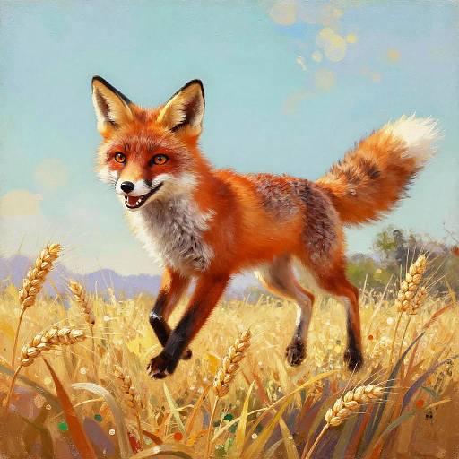Digital painting of a vibrant red fox with black-tipped ears and paws, mid-leap through a golden wheat field under a bright blue sky.