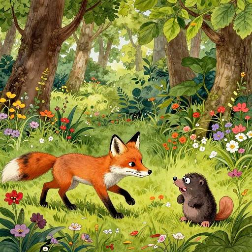 Vibrant digital illustration of a red fox and a mouse standing in a colorful, sunlit forest clearing filled with wildflowers.