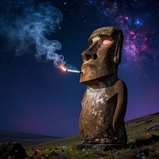 Surreal Moai Smoking Cosmic Scene
