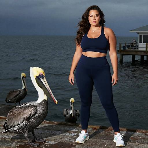 Woman in Navy Activewear with Pelicans on Pier