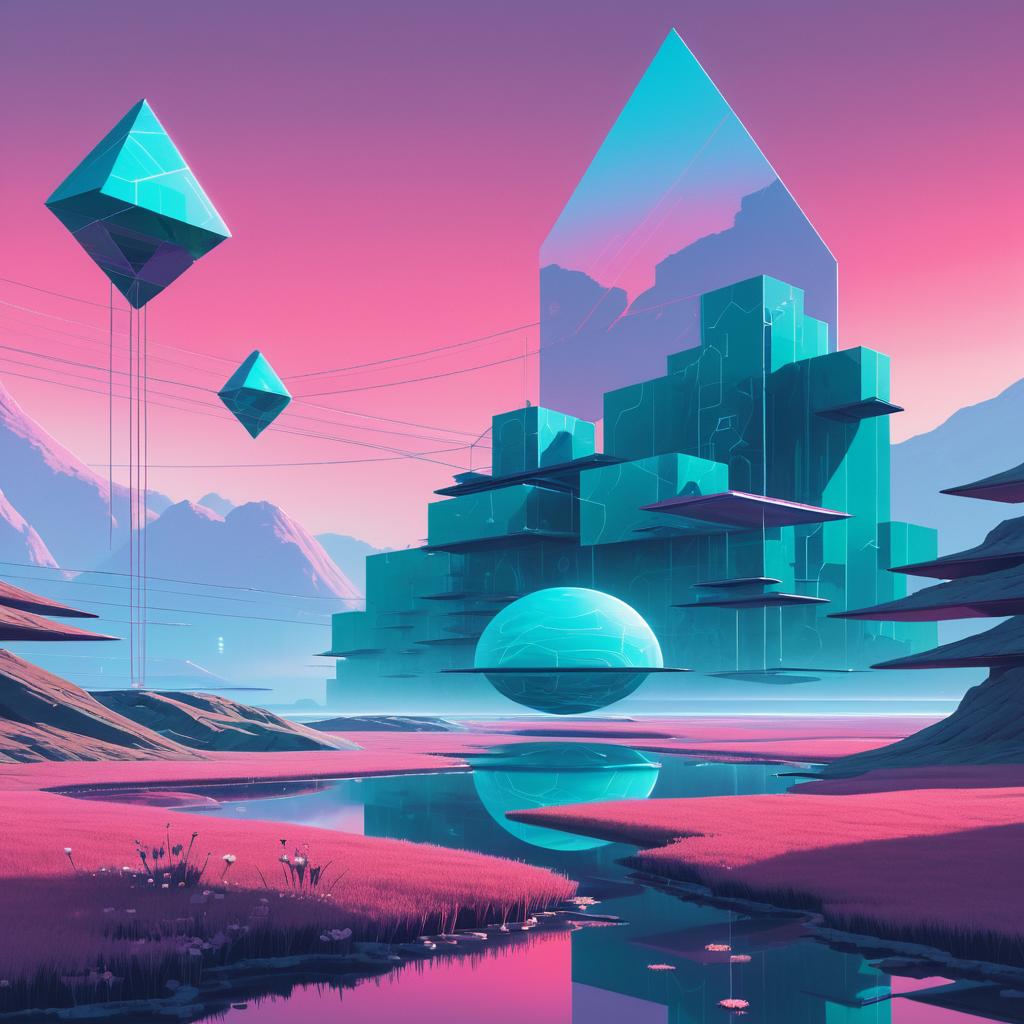 Surreal Cyberpunk Landscape with Geometric Shapes