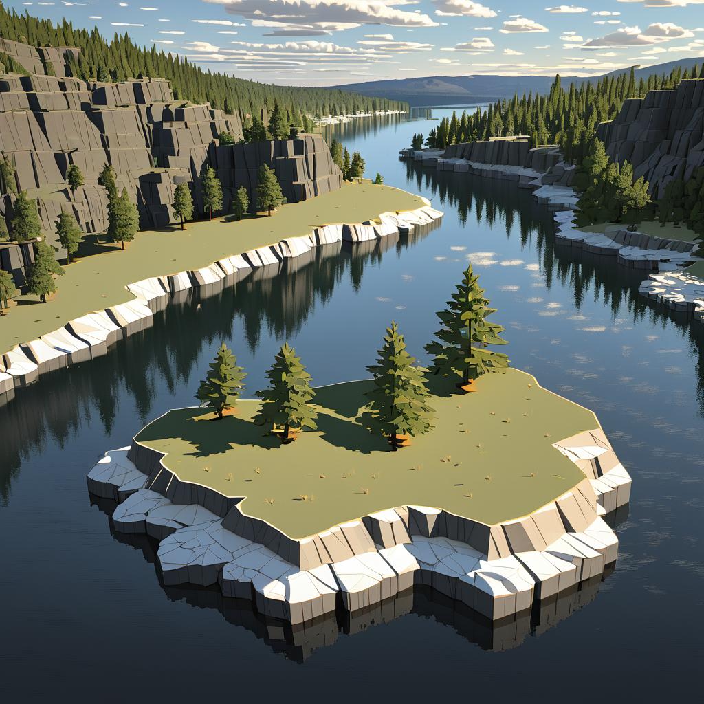 Serene Lakeside Landscape in 3D Isometric