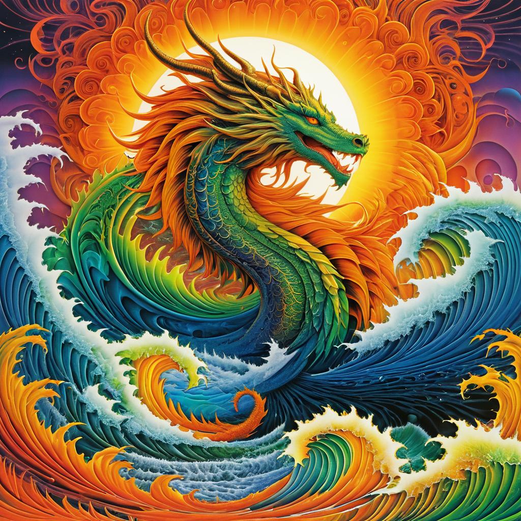 Psychedelic Dragon Under Rainbow Waves