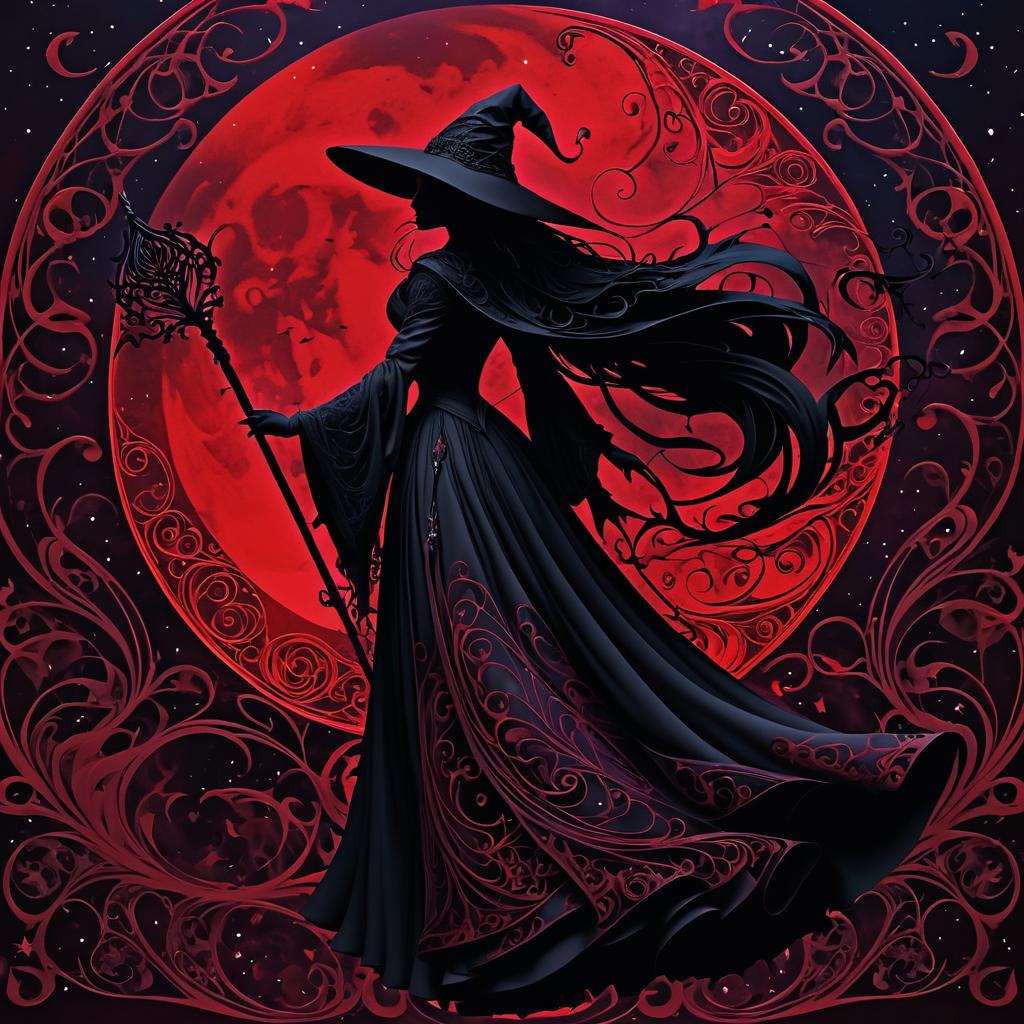 Mystical Witch in Crimson Ink and Mist