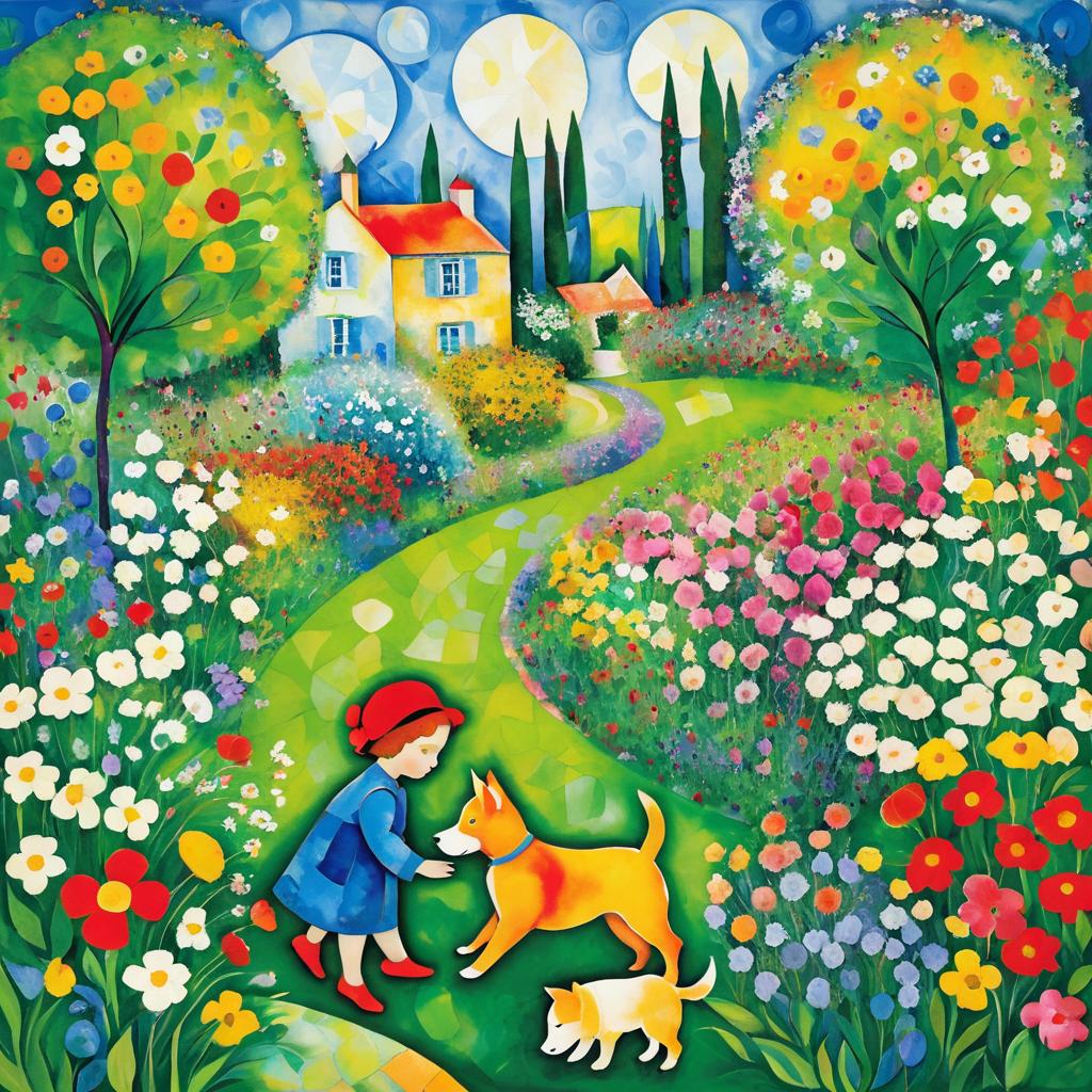 Whimsical Garden: Chagall-Inspired Child and Dog